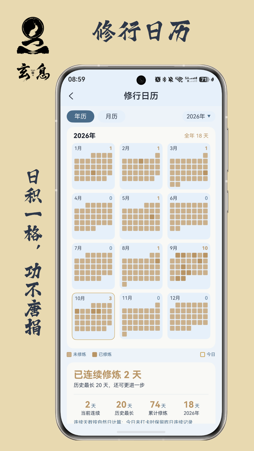 修行日历 打卡热力图界面